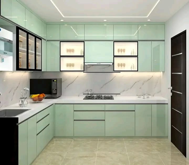 High-Gloss Acrylic Modular Kitchen with Calacatta Quartz Countertop & Seamless Edge #6